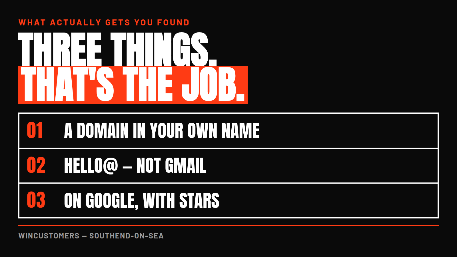 The three things WinCustomers sets up: a domain in your own name, a business email address, and a claimed Google Business Profile.