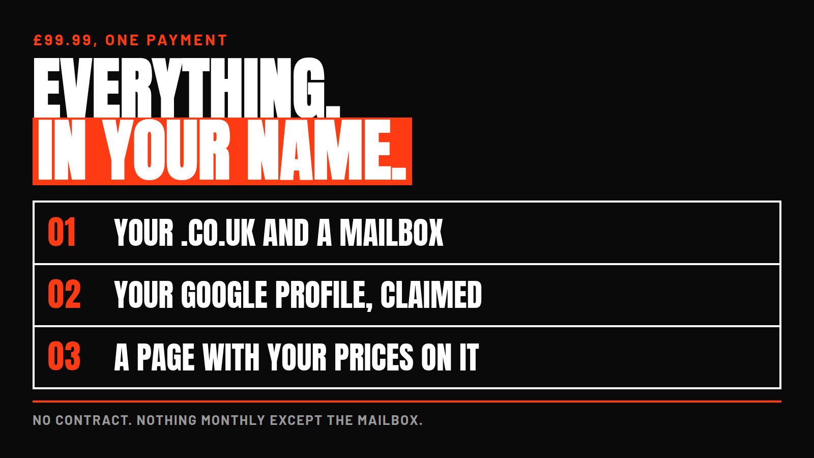 What £99.99 covers: a .co.uk domain and hello@ mailbox in your name, a built and claimed Google Business Profile, and a one-page site with your prices on it.